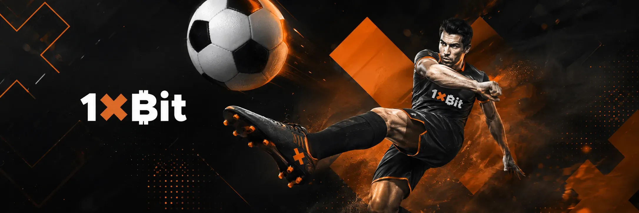 1xBit football betting banner with a player kicking a ball on a black and orange background
