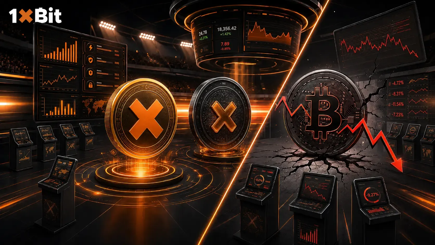 1xBit crypto betting illustration comparing stable digital assets with Bitcoin price volatility and market decline.